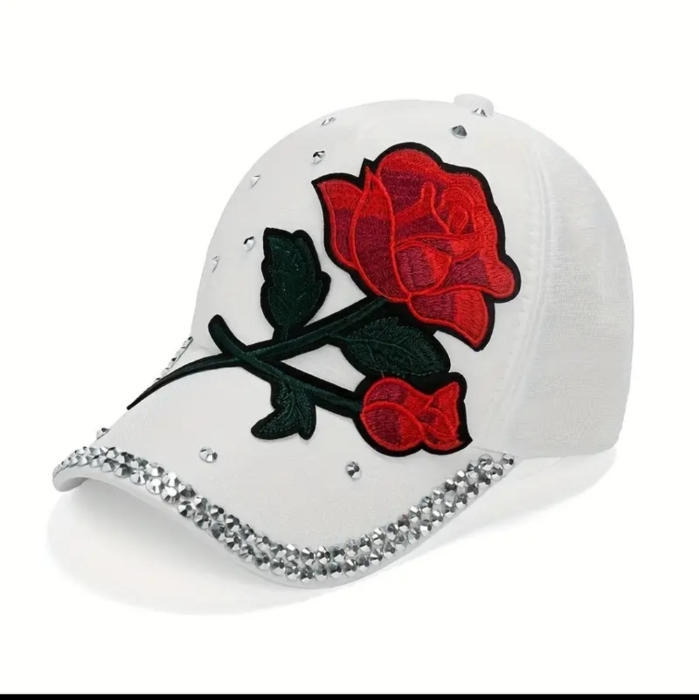 Red Rose Patch Baseball Cap Rhinestone Hat Lightweight, White